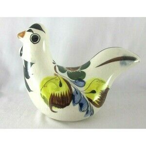 Vintage Mexico Tonala Hand Painted Chicken Ceramic Pottery White Blue Yellow